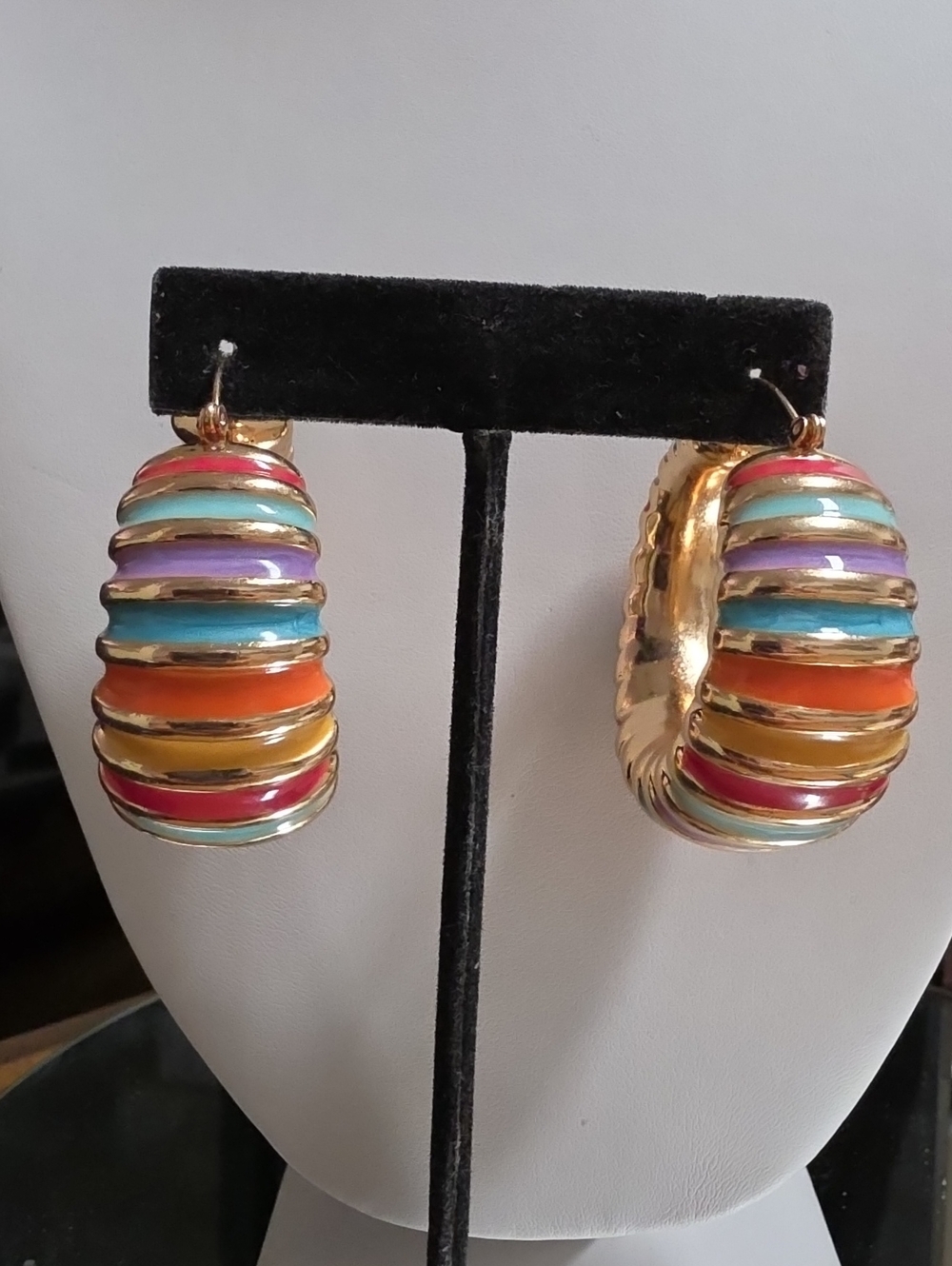 Rainbow Cold Enamel  C- Hoop Pierced Gold Tone Earrings